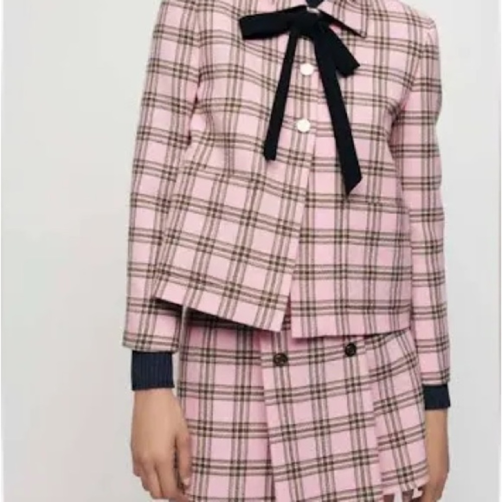 Maje Pink and Black Plaid Blazer and Matching Skirt with Ribbon Detail